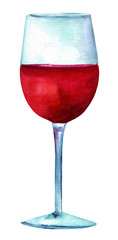 Watercolor drawing of glass of red wine, on white background