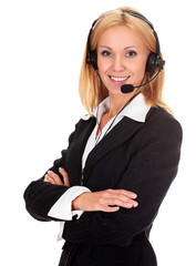 Woman from call center smiling happy talking in hands free heads