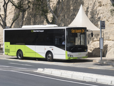 VALLETTA, MALTA - AUGUST 04 2016: Malta Public Transport Bus parked at Bay B4. New buses come with the latest Euro 6 diesel technology.