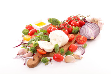 fresh tomato, basil and ingredient on board