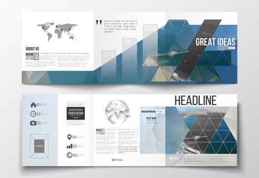 Set of tri-fold brochures, square design templates. Colorful polygonal backdrop, blurred background, sea landscape, modern triangle vector texture.