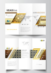 Tri-fold brochure business templates on both sides. Easy editable abstract layout in flat design. Islamic gold pattern, overlapping geometric shapes forming ornament. Vector golden texture.