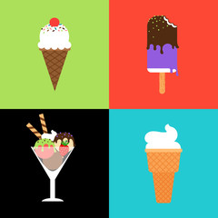 Ice cream vector set. Ice cream in waffle cone, ice lollies and frozen dessert in glass bowl