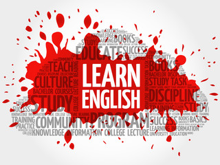 Learn English word cloud collage, education concept background