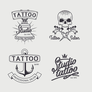 Tattoo studio logo templates. Vector retro tattooing art shop emblems with skull and anchor
