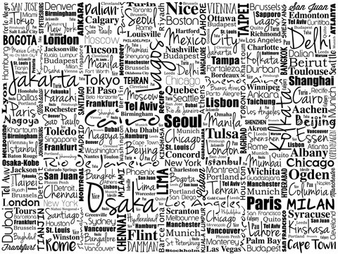 The largest cities in the world word cloud collage, travel destinations concept background