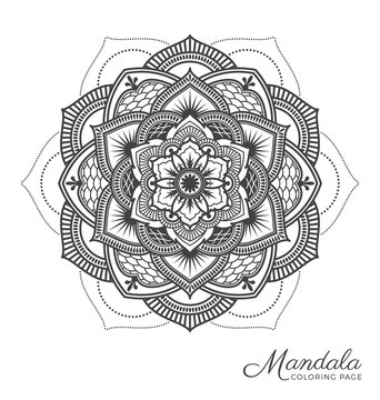 Naklejki Tibetan mandala decorative ornament design for adult coloring page, greeting card, invitation, tattoo, yoga and spa symbol. Vector illustration