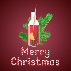 Vector illustration of mulled wine in a bottle with Christmas greeting sweets text.