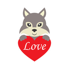 cartoon wolf and heart with text vector