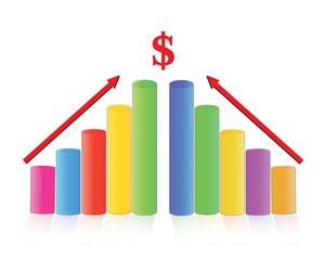 illustration of bar graph with rising arrow on isolated backgrou