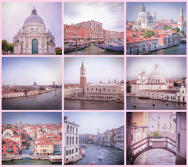 Collage of retro stile images from Venice in pink and lilac shades