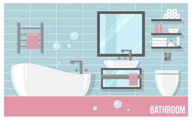 Bathroom modern interior with blue tiles in flat style. Vector illustration about hygiene and home.