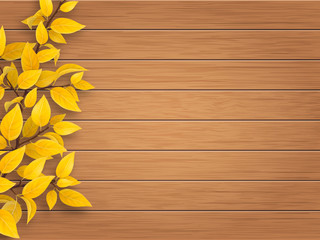 Autumn tree branch with yellow and  leaves on weathered wooden background.