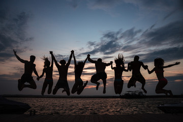 Rear view of friends jumping into water at sunset