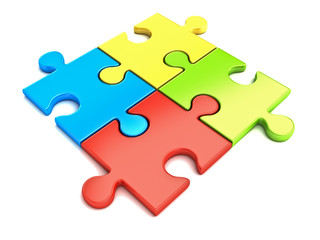Colorful jigsaw puzzle pieces concept isolated on white background with shadow 3D rendering