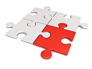 Red jigsaw puzzle piece stand out from the crowd different concept isolated on white background with shadow 3D rendering