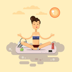Yoga flat vector. Woman sitting on the mat. Sport and relaxation. Yoga pose - stock vector.