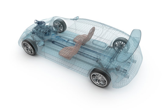 Transparent car design, wire model. 3D illustration. My own car design.