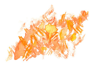 Yellow and orange textured brush strokes painted in watercolor on white isolated background
