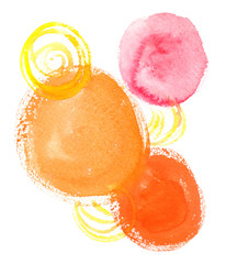 Cluster of yellow, pink and orange circles painted in watercolor on white isolated background
