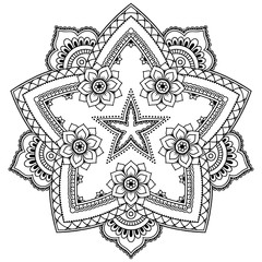 Henna tattoo mandala in mehndi style. Pattern for coloring book. Hand drawn vector illustration isolated on white background. Design element in Doodles style.
