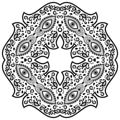 Henna tattoo mandala in mehndi style. Pattern for coloring book. Hand drawn vector illustration isolated on white background. Design element in Doodles style.
