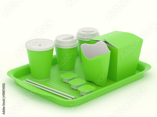 Download Green Clear Set Of Utensils For Fast Food Net Pattern For Design Clean Mockup Template With Tray Paper Cups Wok Box Packaging For French Fries Rolls Spoon Cup Of Coffee Sauce 3d