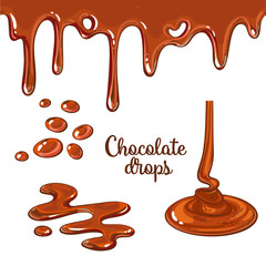 Set of chocolate drops and blots, cartoon style vector illustration isolated on white background. Chocolate dropping and flowing, yummy cake decoration elements