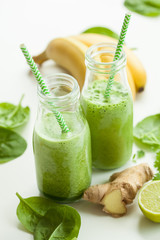 healthy green spinach smoothie with cilantro lime banana ginger