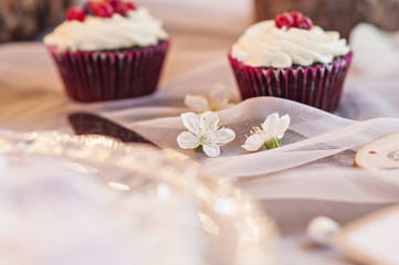 Barn wedding, the design and decoration Candy bar table and honeymooners. Rustic.