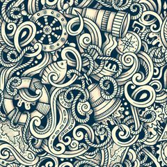 Cartoon hand drawn nautical doodles seamless pattern. Detailed g