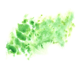 Green and yellow color splatter painted in watercolor on white isolated background