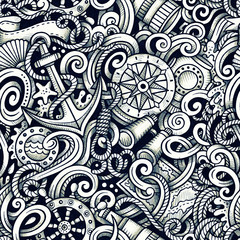 Cartoon hand drawn nautical doodles seamless pattern. Detailed g
