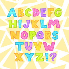 Cute bright childish alphabet with patterns on letters