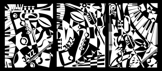 Design banner jazz music in retro geometric abstraction style. Triptych painting. Vector illustration