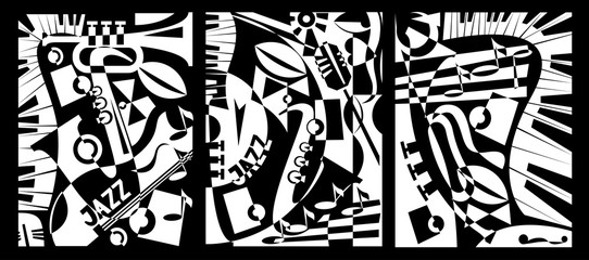 Obrazy na Plexi  Zaprojektuj baner jazzowy w stylu retro abstrakcji geometrycznej. Malowanie tryptyku. Ilustracja wektorowa