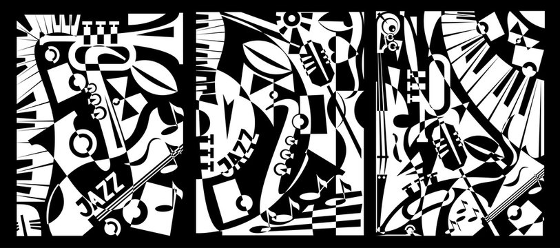 Design banner jazz music in retro geometric abstraction style. Triptych painting. Vector illustration