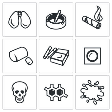 Vector Set of Smoking and Cancer Icons. Lungs, Ashtray, Cigar, Gum, Pack, Patch, Death, DNA, Blood.