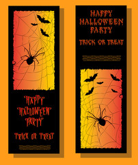 Set of Halloween ticket on holiday party with scary spider, moon and monster bats on gradient background. Letters from bones. Cartoon style. Vector illustration