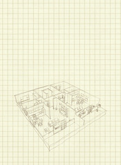 2d freehand sketch drawing of furnished home apartment on squared paper sheet