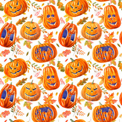 seamless pattern with pumpkin lanterns, maple leaves, oak and rowan .watercolor hand drawn illustration.white background.halloween