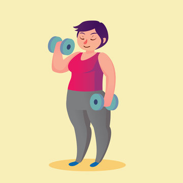 Obese young woman with dumbbells Funny cartoon vector illustration
