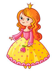 Cute Princess stand on a white background. Girl with a crown and a flower in her hand. Vector illustration of a princess in a cartoon style. The picture on the children theme.