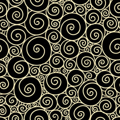 Naklejka premium Vector seamless illustration with snails of different sizes. Funny pattern with spirals on a black background.
