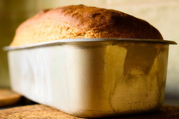 Shallow focus home baked bread still in aluminum baking pan. Golden brown crust with just the right...