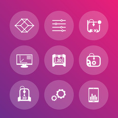 3d printer icons set, additive manufacturing, printing, vector illustration