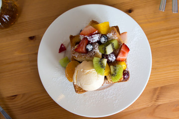 french toast with ice cream and fruit