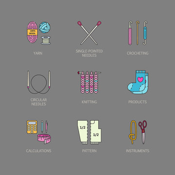 Knitting. Modern vector line icons set of knitting and crochet. Knitting elements: yarn, knitting needle, knitting hook, pin and others. Outline knitting symbol collection invitations, notes, stores