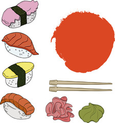 Set of nigiri sushi with chopsticks, vasabi, ginger and red spot on white background. Hand drawn vector illustration.