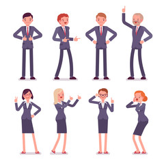 Set of eight business male and female characters in a formal wear. Finger up, akimbo, gun, thumb up, surprised, instructive, strict, thumb up, victory. Cartoon vector flat-style illustration